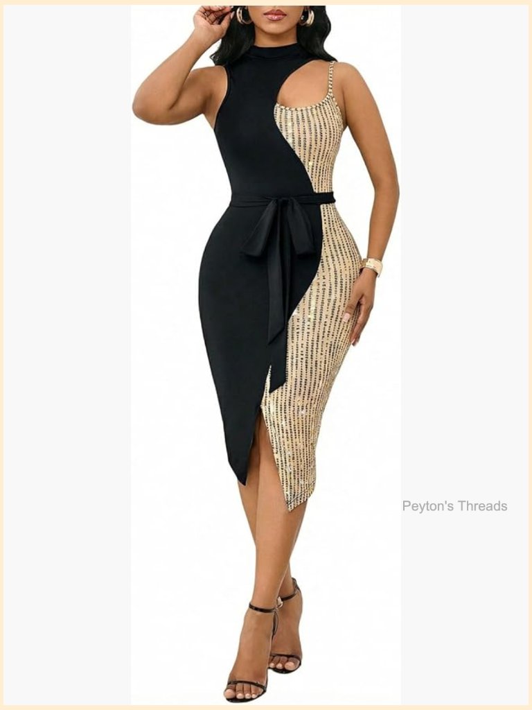 Sleeveless Bodycon Midi Dress With Cutout And Belted Waist